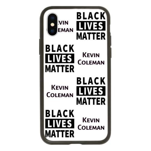 Custom protective phone case personalized with "Black Lives Matter" and a name black on white tiled design