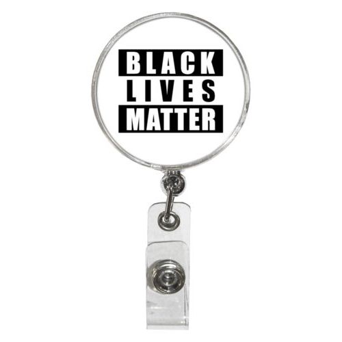 Personalized badge reel personalized with "Black Lives Matter" black on white design