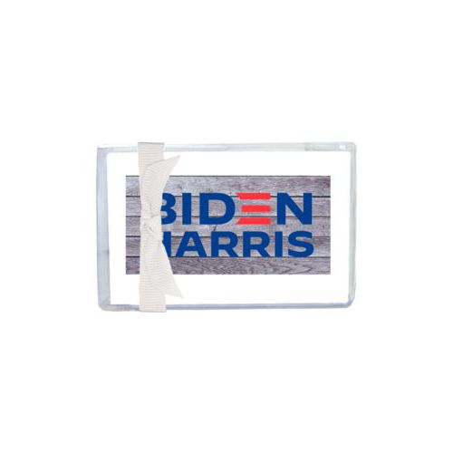 Enclosure cards personalized with "Biden Harris" logo on wood grain design
