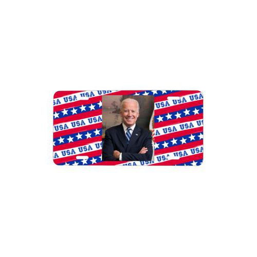 Personalized license plate personalized with Biden photo on red white and blue design