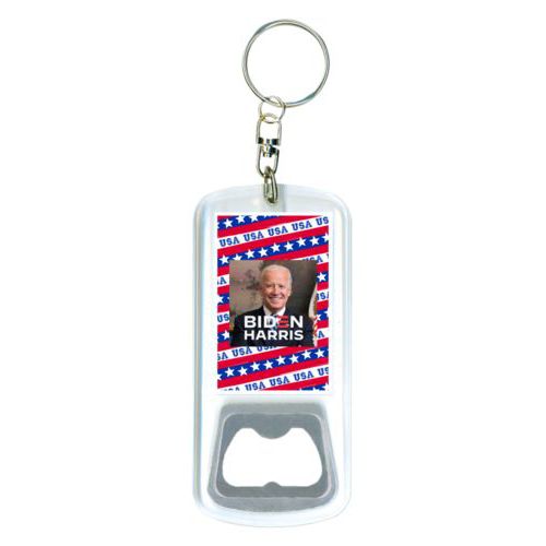 Durable bottle opener and steel key ring personalized with Biden photo and "Biden Harris" logo on red white and blue design