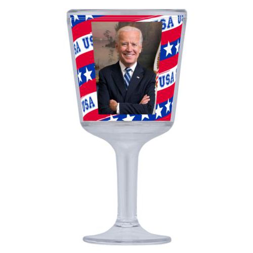 Plastic wine glass personalized with Biden photo on red white and blue design