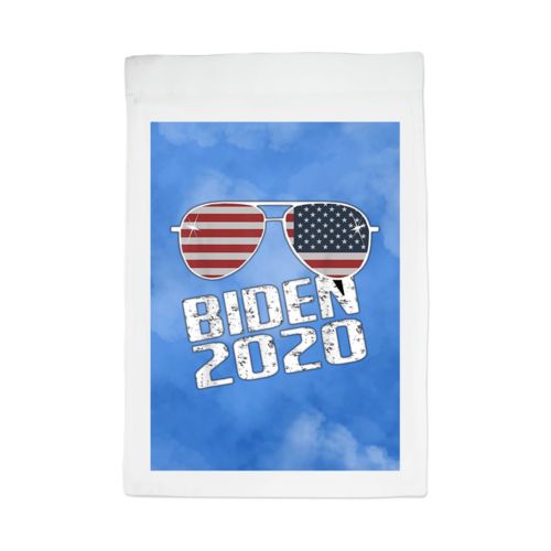 Custom yard flag personalized with "Biden 2020" sunglasses on blue cloud design