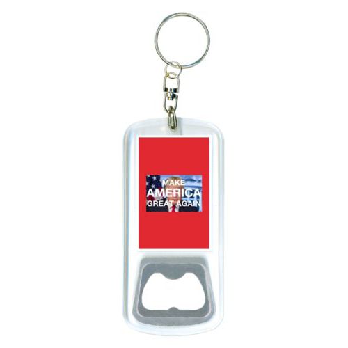 Durable bottle opener and steel key ring personalized with Trump photo and "Make America Great Again" design