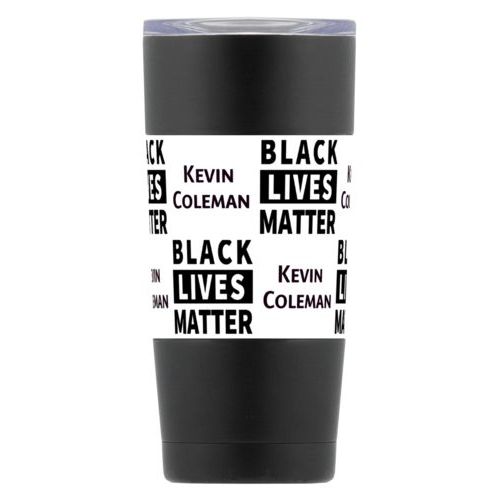 20oz insulated steel mug personalized with "Black Lives Matter" and a name black on white tiled design