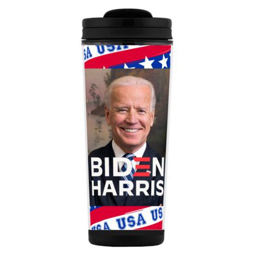Tall mug personalized with Biden photo and "Biden Harris" logo on red white and blue design