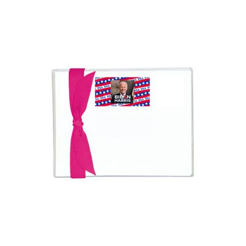 Flat cards personalized with Biden photo and "Biden Harris" logo on red white and blue design
