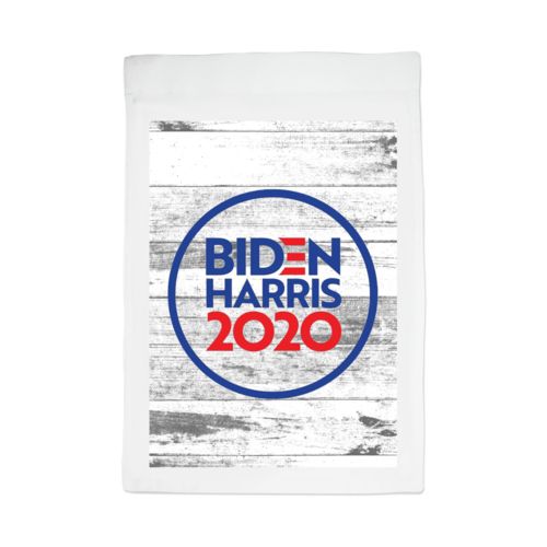 Personalized yard flag personalized with "Biden Harris 2020" round logo on wood grain design