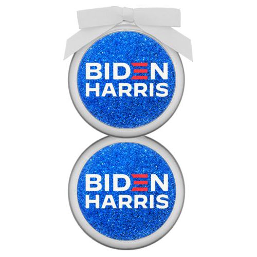 Personalized ornament personalized with "Biden Harris" logo on blue design