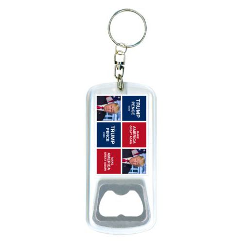 Durable bottle opener and steel key ring personalized with Trump photo with "Trump Pence 2020" and "Make America Great Again" tiled design