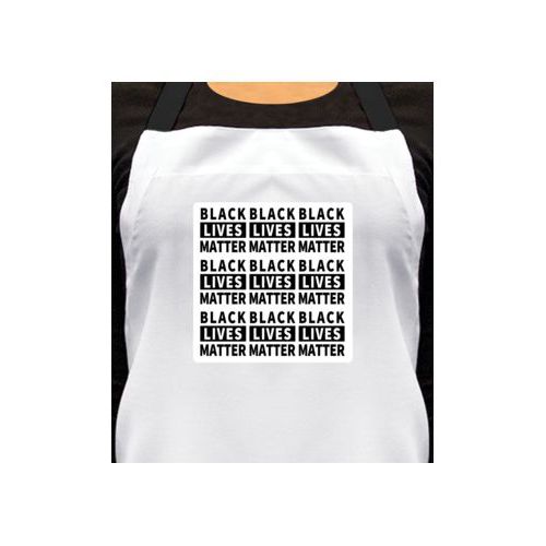 Custom apron personalized with "Black Lives Matter" black on white tiled design