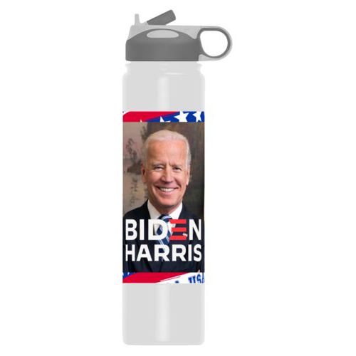 24oz insulated steel sports bottle personalized with Biden photo and "Biden Harris" logo on red white and blue design