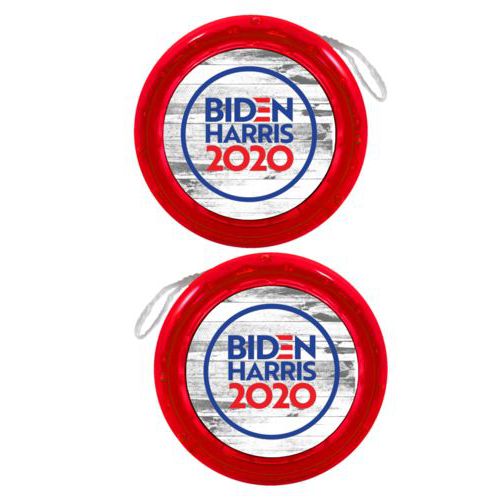 Personalized yoyo personalized with "Biden Harris 2020" round logo on wood grain design