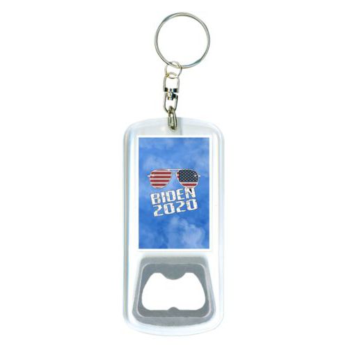 Durable bottle opener and steel key ring personalized with "Biden 2020" sunglasses on blue cloud design