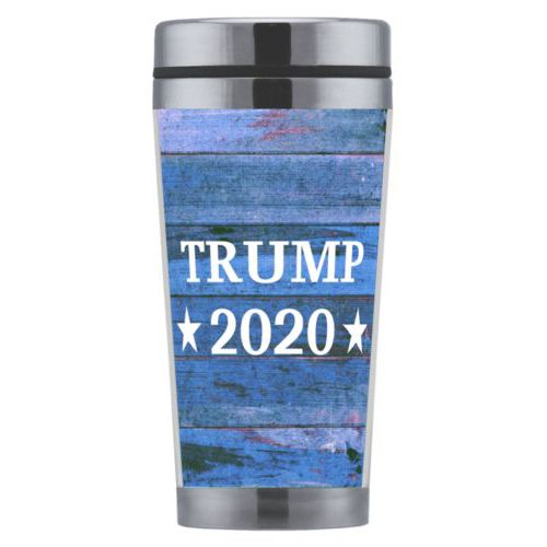Mug personalized with "Trump 2020" on blue wood grain design