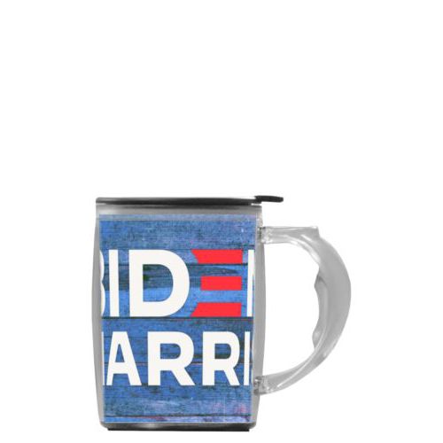 Personalized handle mug personalized with "Biden Harris" logo on blue wood design