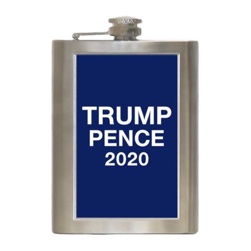 8oz steel flask personalized with "Trump Pence 2020" on blue design