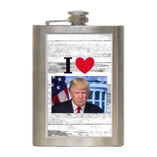 Durable steel flask personalized with "I Love Trump" with photo design
