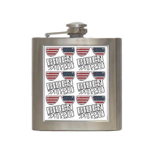 6oz steel flask personalized with "Biden 2020" sunglasses tile design
