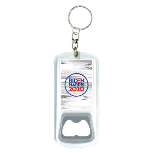 Bottle opener with key ring personalized with "Biden Harris 2020" round logo on wood grain design