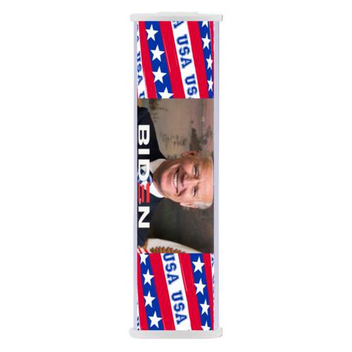 2800mah phone charger personalized with Biden photo and "Biden Harris" logo on red white and blue design