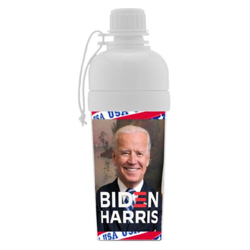 Custom sports bottle personalized with Biden photo and "Biden Harris" logo on red white and blue design