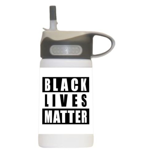 12oz insulated steel sports bottle personalized with "Black Lives Matter" black on white design