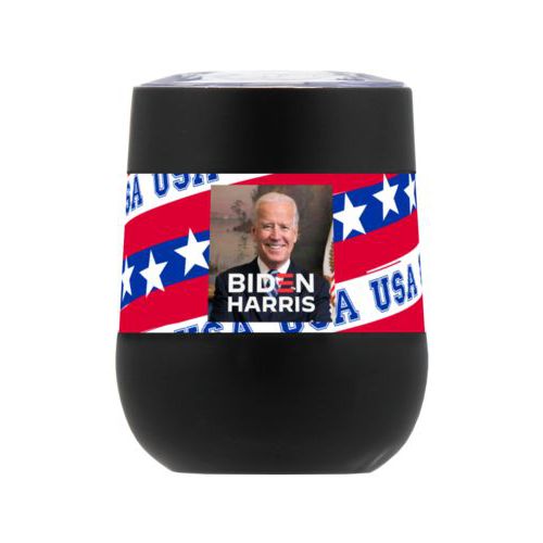 Personalized insulated steel 8oz cup personalized with Biden photo and "Biden Harris" logo on red white and blue design