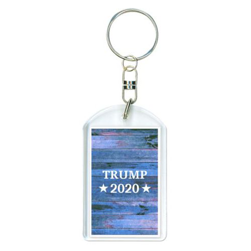 Personalized keychain personalized with "Trump 2020" on blue wood grain design
