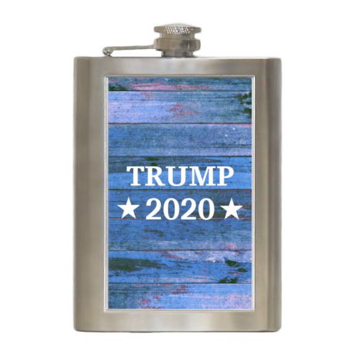8oz steel flask personalized with "Trump 2020" on blue wood grain design