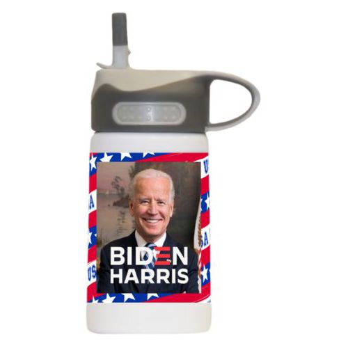 12oz insulated steel sports bottle personalized with Biden photo and "Biden Harris" logo on red white and blue design