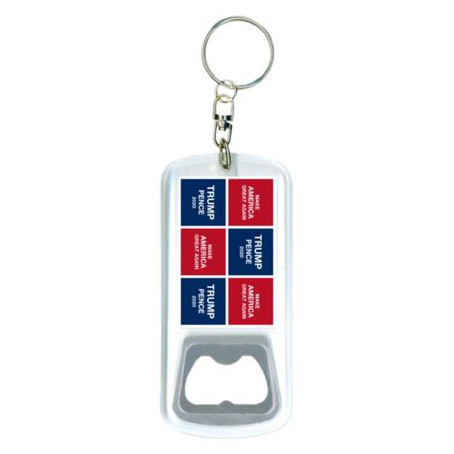 Durable bottle opener and steel key ring personalized with "Trump Pence 2020" and "Make America Great Again" tiled design