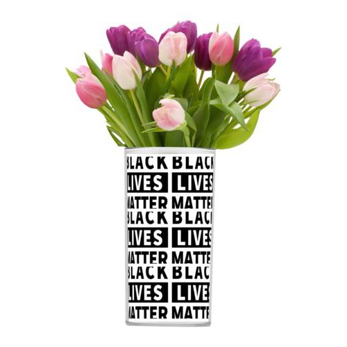 Custom vase personalized with "Black Lives Matter" black on white tiled design