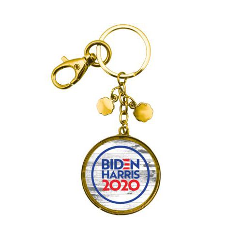 Custom keychain personalized with "Biden Harris 2020" round logo on wood grain design