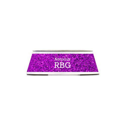 Personalized pet bowl personalized with fuchsia glitter pattern and the saying "Notorius RBG"