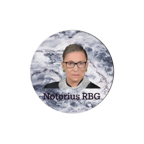 4 inch diameter personalized coaster personalized with Ruth Bader Ginsburg drawing and "Notorious RGB" on marble design