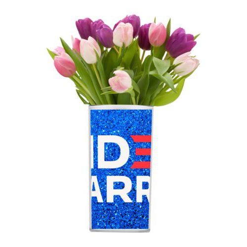 Custom vase personalized with "Biden Harris" logo on blue design