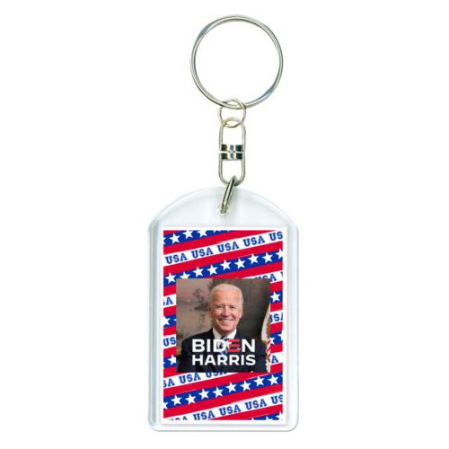 Custom keychain personalized with Biden photo and "Biden Harris" logo on red white and blue design
