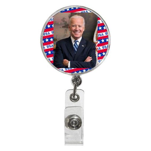 Personalized badge reel personalized with Biden photo on red white and blue design