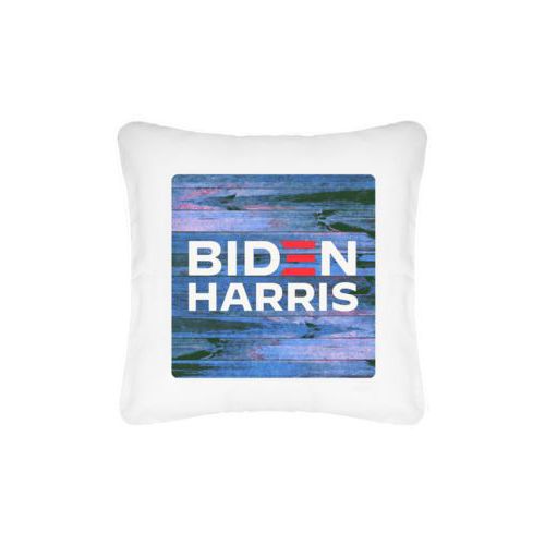 Personalized pillow personalized with "Biden Harris" logo on blue wood design