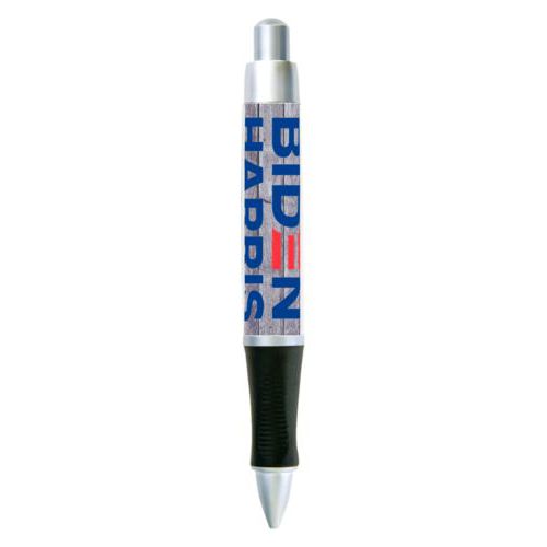 Custom pen personalized with "Biden Harris" logo on wood grain design