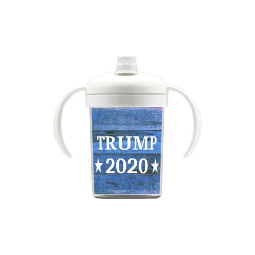 Personalized sippy cup personalized with "Trump 2020" on blue wood grain design