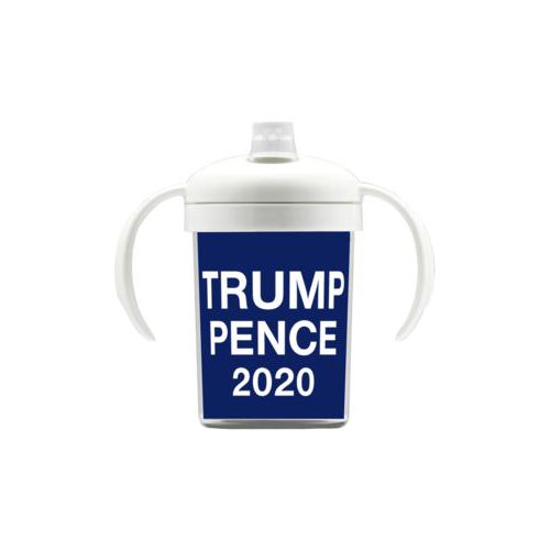 Personalized sippy cup personalized with "Trump Pence 2020" on blue design