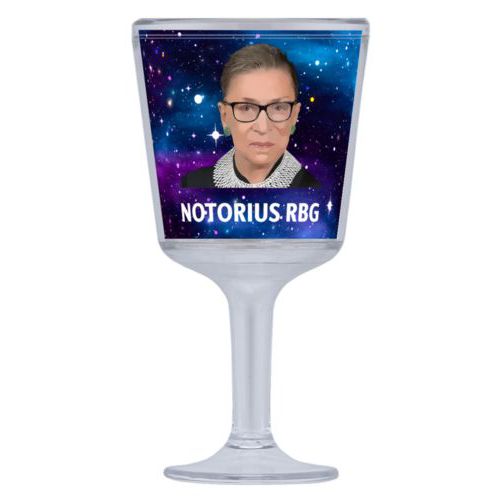Plastic wine glass personalized with Ruth Bader Ginsburg drawing and "Notorious RGB" on galaxy design
