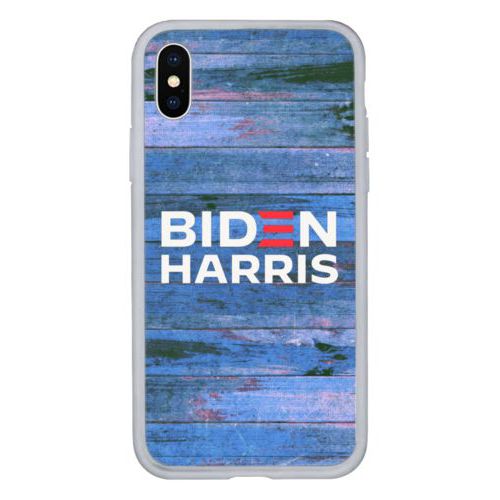 Custom protective phone case personalized with "Biden Harris" logo on blue wood design