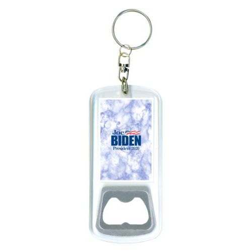 Bottle opener with key ring personalized with "Joe Biden President 2020" logo on cloud design