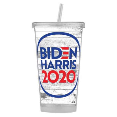 Tumbler personalized with "Biden Harris 2020" round logo on wood grain design