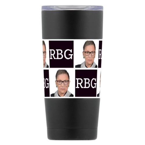 20oz vacuum insulated steel mug personalized with Ruth Bader Ginsburg drawing and "RGB" tiled design