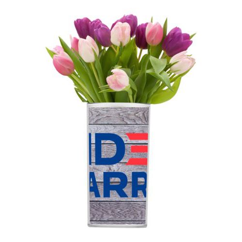 Custom vase personalized with "Biden Harris" logo on wood grain design