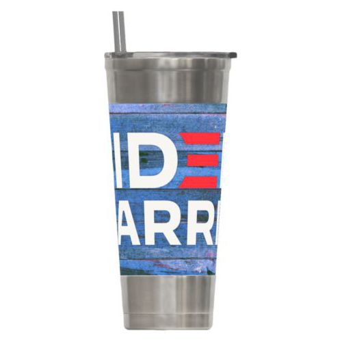 24oz insulated steel tumbler personalized with "Biden Harris" logo on blue wood design